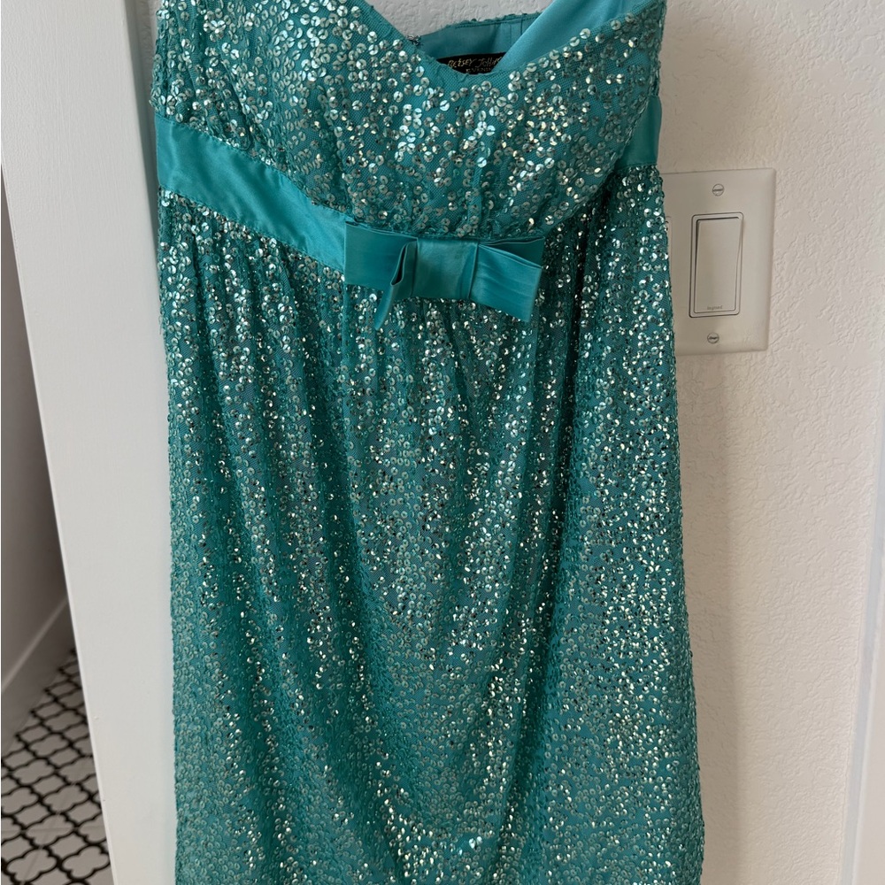 Betsy Johnson Teal Sequin Strapless Cocktail Dress with Bow